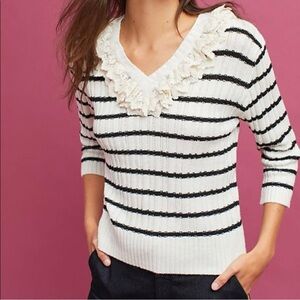 NWT Anthropologie Harlyn Striped Ruffle V-Neck Sweater Size Small Ribbed Knit